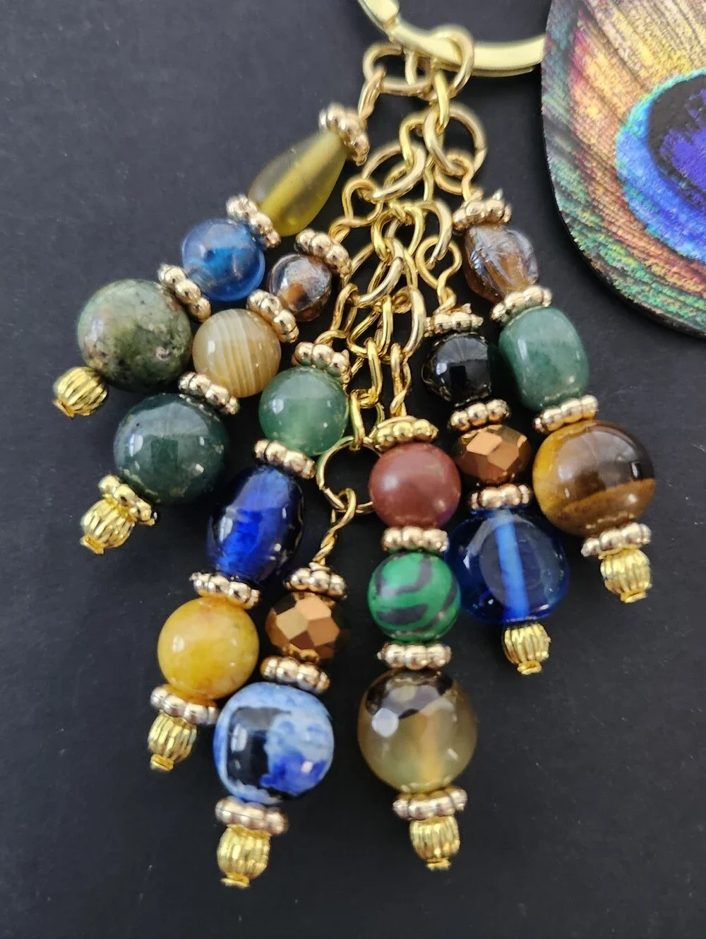 Peacock Purse Charm or Keychain Malachite Jasper Aventurine Handcrafted